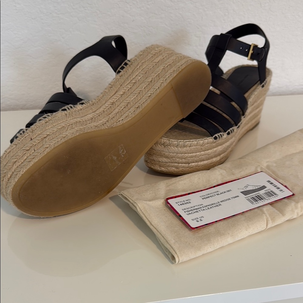 Tory Burch Black Leather Espadrille Wedge Sandals - Picture 4 of 8